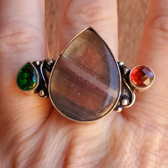 New Fluorite, Garnet and Green Quartz 925 Silver Ring. - Picture 13 of 15